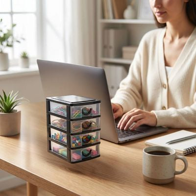 tour de rangement plastique sur bureau dame travaille