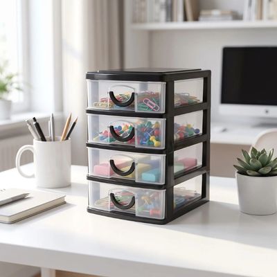 tour de rangement plastique sur bureau crayons plante ordinateur