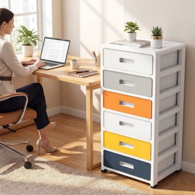 tour de rangement plastique femme travaille café plantes tapis