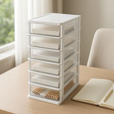 tour de rangement plastique blanc cahier ouvert papiers