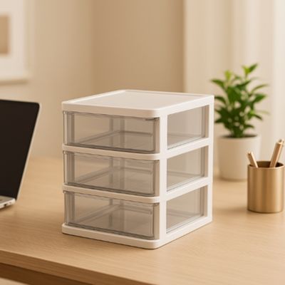 tour de rangement plastique blanc sur bureau vide ordinateur