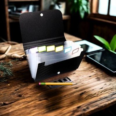 trieur ouvert crayon sur bureau bois plante