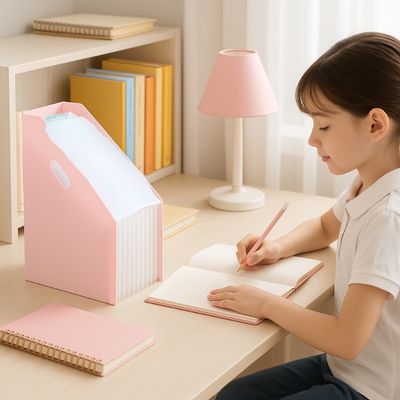 trieur rose fillette écrit assise bureau livres