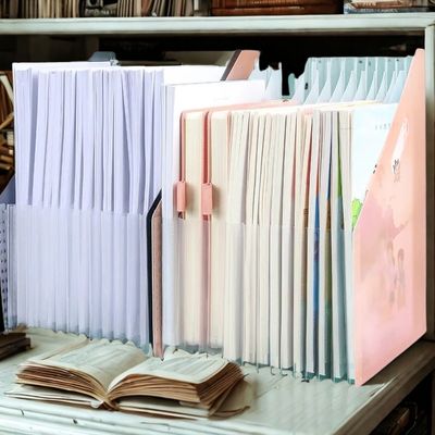 trieur rose rempli feuilles cahiers bibliothèque derrière